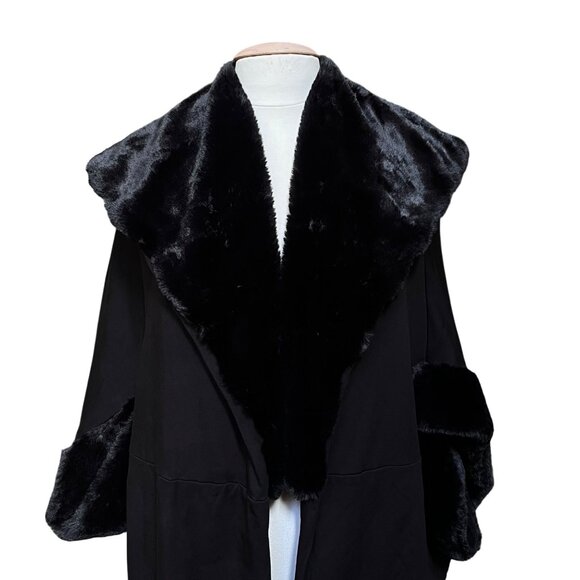 Capote Black Knit Faux Fur Collar Cuff Jersey Lightweight Coat Maximalist Medium - Picture 2 of 10